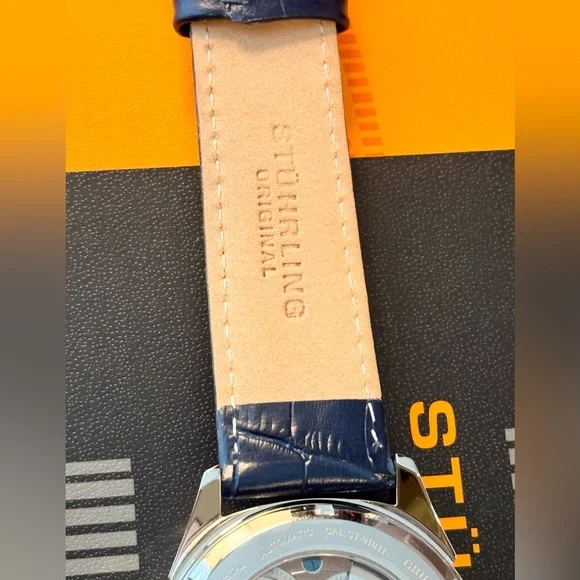Stuhrling Men's Blue Automatic Skeleton Alligator Embossed Leather Watch 42mm - Picture 8 of 9